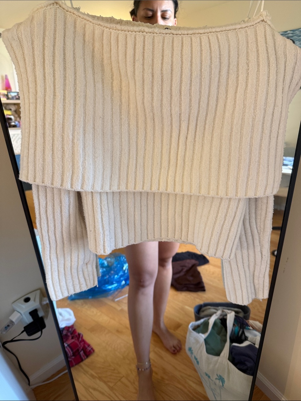 Pink Rose Off-Shoulder Ribbed Cream Sweater - Picture 4 of 4